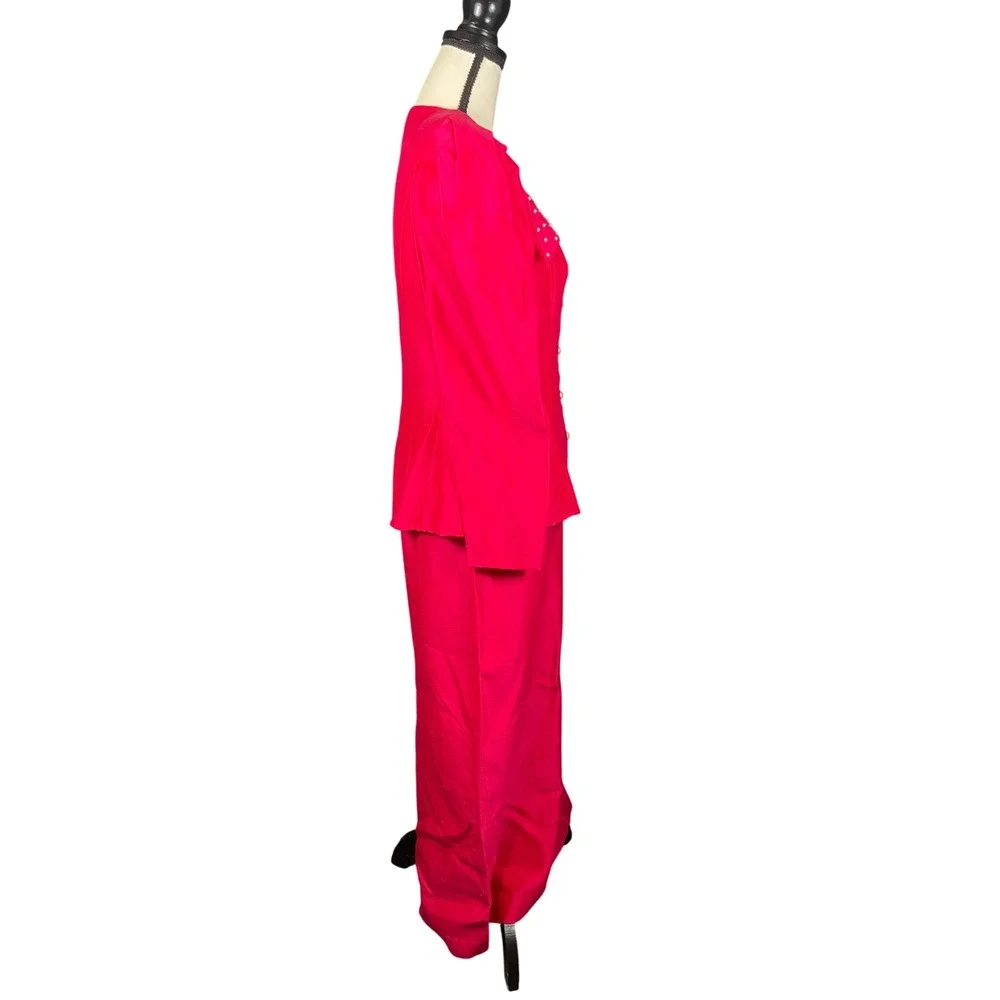Vintage 80s Hot Pink Maxi Skirt Suit Set S/M Hot Pink Pearl Puff Sleeve USA Glam
